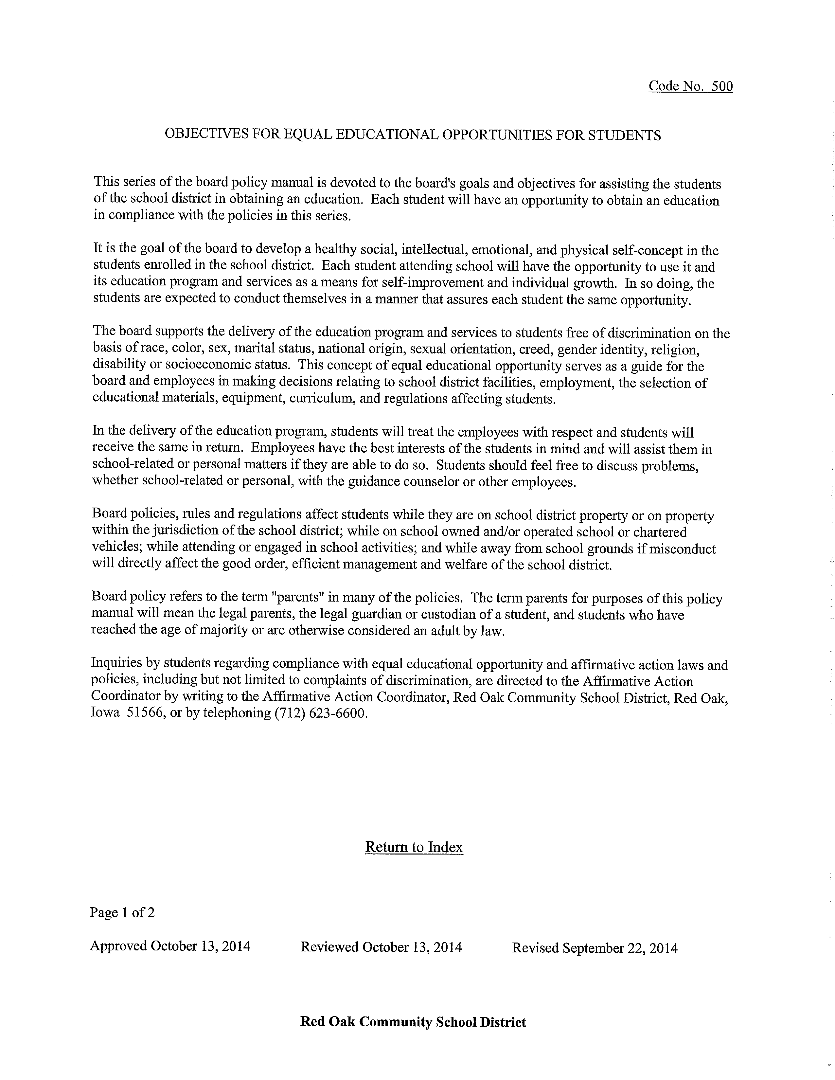Red Oak School District Objectives For Equal Educational Opportunities For Students Policy 500 Red Oak School District Objectives For Equal Educational Opportunities For Students Policy 500